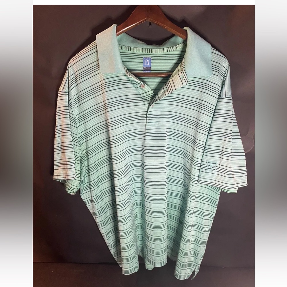 PGA Tour Golf Polo Shirt Men XXL Mint Striped Collared Short Sleeve Athletic